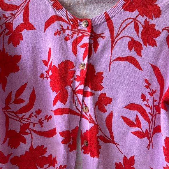 Ann Taylor-Button down Cardigan with Red Floral Print - Picture 2 of 7